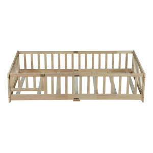 English Elm Twin Low Profile Rubberwood Floor Bed with Full Safety Fence for Toddler Rooms Natural W504P429273