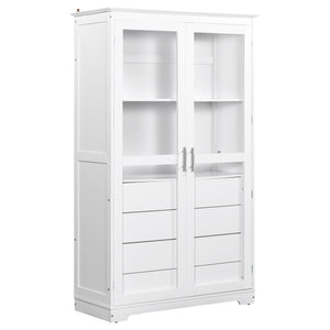English Elm Topmax Solid Pine Pantry Cabinet with Glass Doors Four Drawers Farmhouse Storage White SP000086AAK