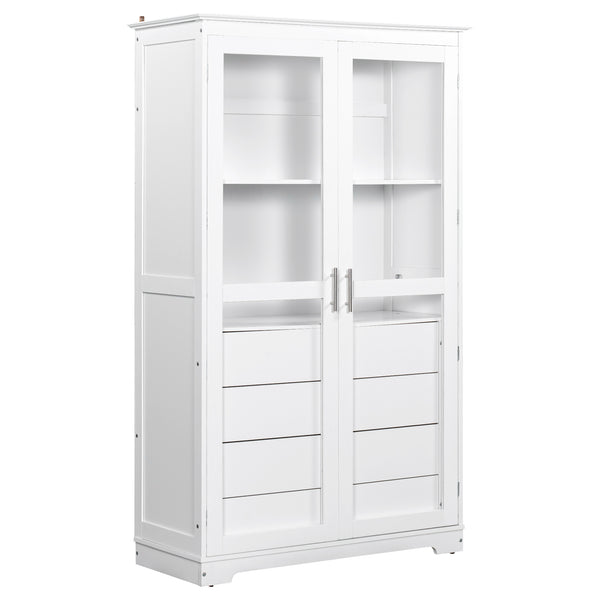 English Elm Topmax Solid Pine Pantry Cabinet with Glass Doors Four Drawers Farmhouse Storage White SP000086AAK
