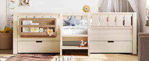 English Elm Twin Kids Storage Bed with Bookshelf Headboard Safety Staircase and Under Drawers Beige W1580P379183