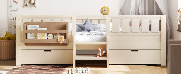 English Elm Twin Kids Storage Bed with Bookshelf Headboard Safety Staircase and Under Drawers Beige W1580P379183