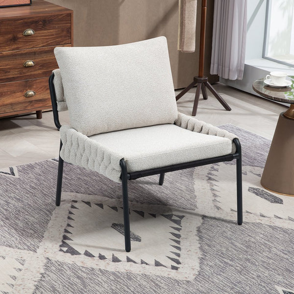 English Elm Modern Accent Lounge Chair with Braided Fabric Upholstery, Ergonomic Backrest, Plush Cushioning, Metal Frame, Adjustable Feet - Stylish Living Room Armchair Beige W2215P252349
