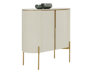Sunpan PALOMA Bar Cabinet - Luxurious High-Gloss Cream Storage with Curved Design & Gold Accents 111219