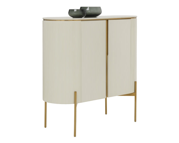 Sunpan PALOMA Bar Cabinet - Luxurious High-Gloss Cream Storage with Curved Design & Gold Accents 111219