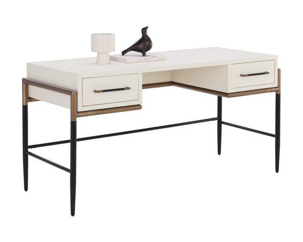 Sunpan Weldrick Desk - Elegant Acacia Wood Design with Soft Closing Drawers and Antique Brass Accents Oyster