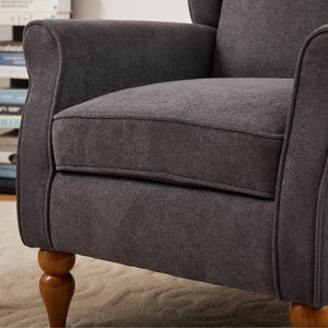 English Elm Coffee Table & Armchair Set with Vintage Roman Column Legs, Breathable Fabric, Solid Rubberwood Craftsmanship Antique Dark Grey W2989P339879