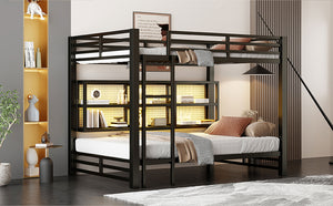 English Elm Metal Queen over Queen Bunk Bed with Storage Cabinets, LED Lighting, Sturdy Black Metal Frame, Space-Saving Design N7090000672B