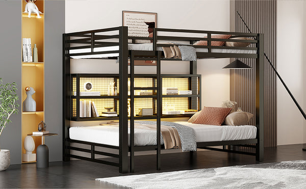 English Elm Metal Queen over Queen Bunk Bed with Storage Cabinets, LED Lighting, Sturdy Black Metal Frame, Space-Saving Design N7090000672B