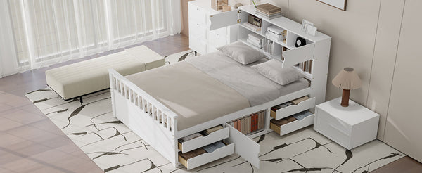 English Elm Full Size Captain Platform Bed Frame With Bookcase Headboard, Storage Drawers & White Finish N7090000473K