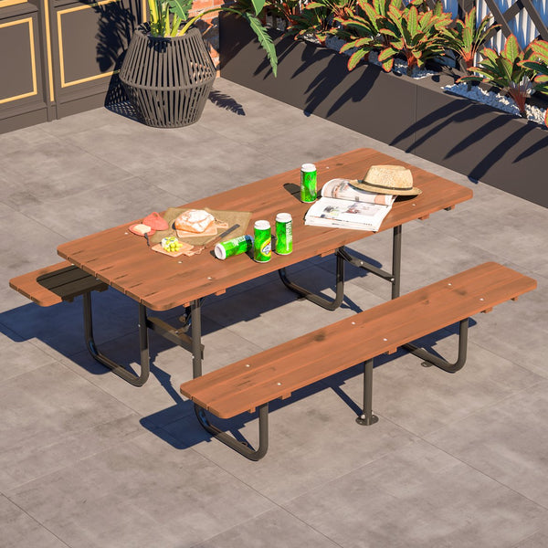 English Elm 72" Solid Wood Outdoor Picnic Table Seats 6 with Attached Benches and Umbrella Hole W1422S00061