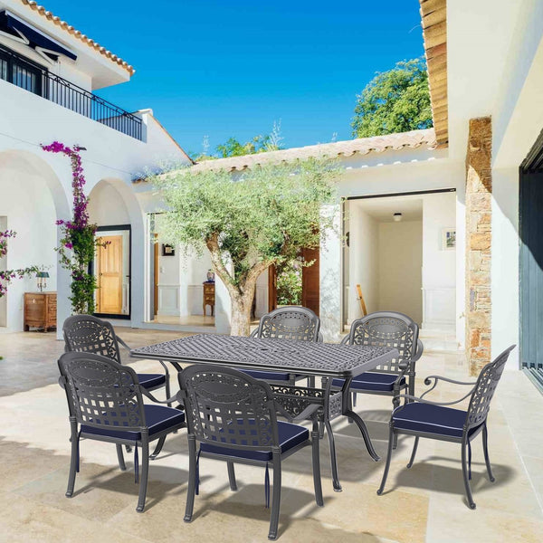 English Elm 7-piece Cast Aluminum Outdoor Dining Set Ornate Carved Patio Furniture Blue Cushions W1710S00583