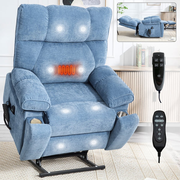 English Elm Beige Chenille Power Lift Recliner Dual Motor Massage Heat 350 Lb Capacity Blue W1803P264051