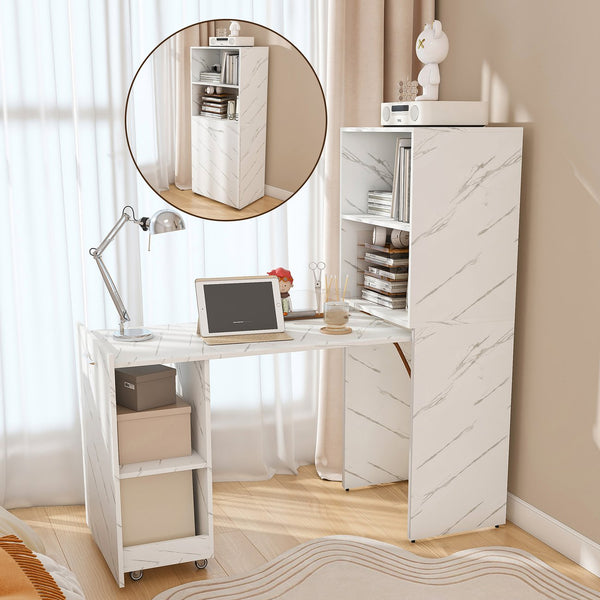 English Elm Stretchable expandable office desk with magnetic fold, lockable casters, adjustable shelves for storage and space-saving White Marble W509P355682