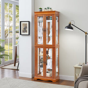 English Elm Lighted Glass Curio Cabinet With Adjustable Shelves, Elegant Oak Frame & Integrated Lighting For Showcasing Collectibles W2275P178797