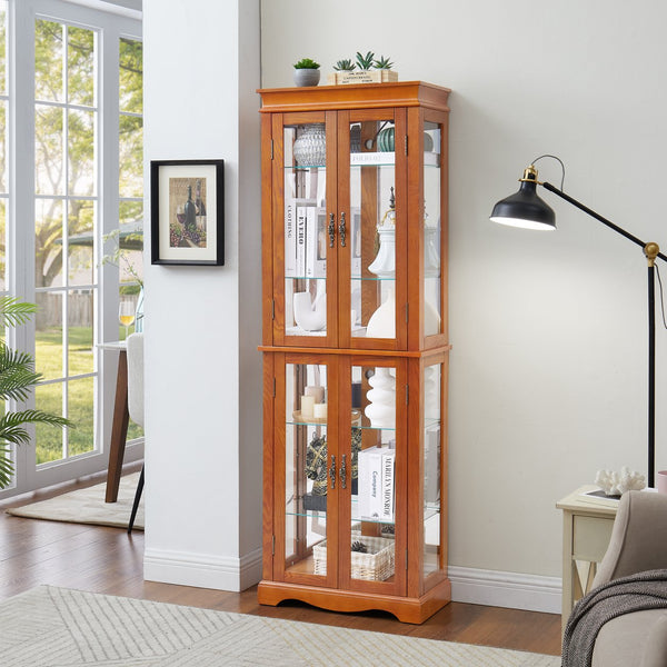 English Elm Lighted Glass Curio Cabinet With Adjustable Shelves, Elegant Oak Frame & Integrated Lighting For Showcasing Collectibles W2275P178797