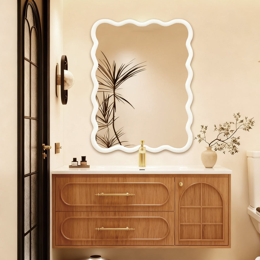 English Elm White 30"x40" Wavy Rectangle Solid Wood Frame Mirror - Tempered Glass, Rustic Chic Wall Decor for Entryway W2203P389066