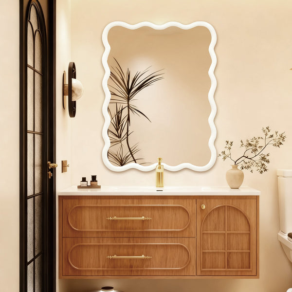 English Elm White 30"x40" Wavy Rectangle Solid Wood Frame Mirror - Tempered Glass, Rustic Chic Wall Decor for Entryway W2203P389066