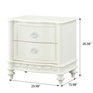English Elm Ivory Romantic 2-Drawer Nightstand with Floral Ring Pulls, Smooth Metal Glides, Elegant Bedroom Accent B062P209005