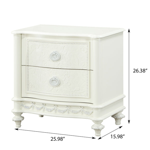 English Elm Ivory Romantic 2-Drawer Nightstand with Floral Ring Pulls, Smooth Metal Glides, Elegant Bedroom Accent B062P209005