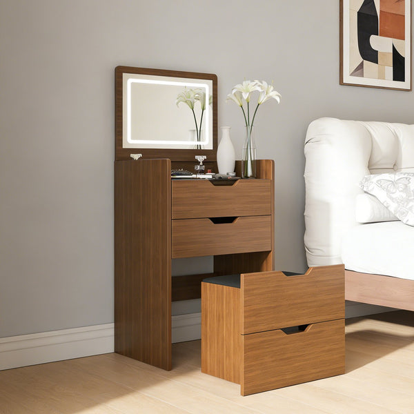 English Elm 3-in-1 Walnut Flip Top Vanity Desk with Led Mirror Stool Bedroom Dressing Table W2699P404631