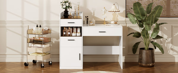 English Elm 3-in-1 Vanity Desk Flip Mirror Glass Top Hidden Storage Compact White Bedroom N704P391337K
