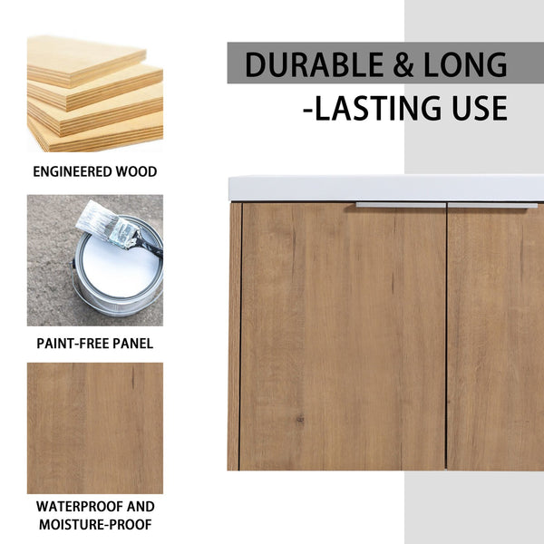 English Elm 30" Wall-Mounted Bathroom Vanity With Resin Sink & Side Cabinet For Modern Space-Saving Style W999S00219