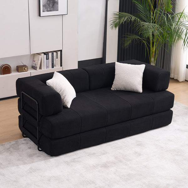 English Elm Folding Sofa Bed with Corduroy Cover, 78.5" Convertible Futon Couch, No-Assembly Foam Spring Mattress, Compact Sleeper for Living Room Black W2915P276677