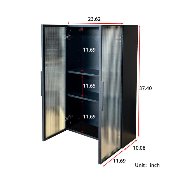 English Elm Wall Mounted Glass Door Cabinet Black Metal Frame Modern Storage for Bath or Kitchen W331P382347