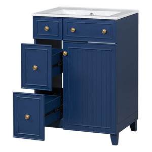 English Elm 24-Inch Bathroom Vanity Cabinet with Ceramic Sink, Space-Saving Storage, Solid Wood Feet, Durable Finish Blue WF532034AAC
