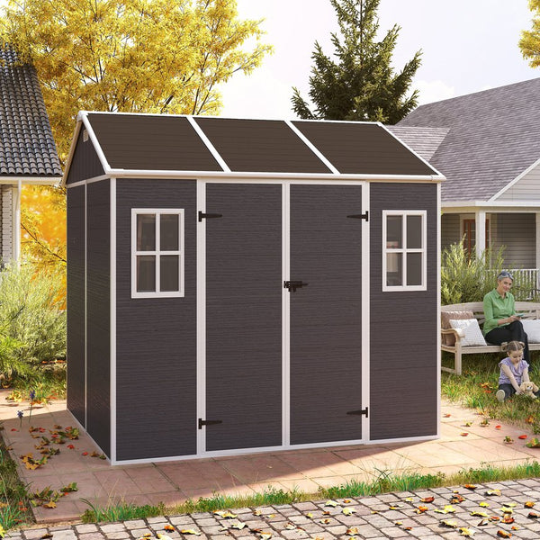 English Elm 8*7ft Outdoor Resin Storage Shed with Double Door Windows and Uv Resistant Floor W1598S00028