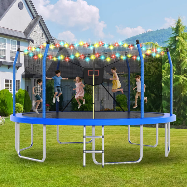 English Elm 16ft Round Outdoor Trampoline Galvanized Steel Frame Basketball Hoop Safety Net Blue N739S000004C