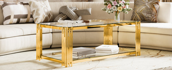English Elm Modern Glam Rectangular Coffee Table with Mirrored Top Gold Sculptural Frame Open Shelf Transparent N735P380099K
