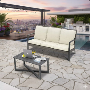 English Elm 2-piece Pe Rattan Outdoor Sofa Set with Steel Frame and Patio Coffee Table Beige B082P455165