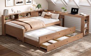 English Elm Twin Daybed Pine Frame with Trundle Desk Hutch Shelves and Storage for Kids Rooms Brown W1580S00459