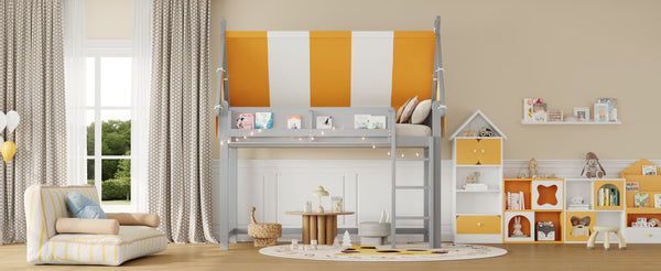 English Elm Twin Solid Wood Loft Bed with Led Lights Canopy Bookshelf for Kids Bedroom Gray N7090002241E