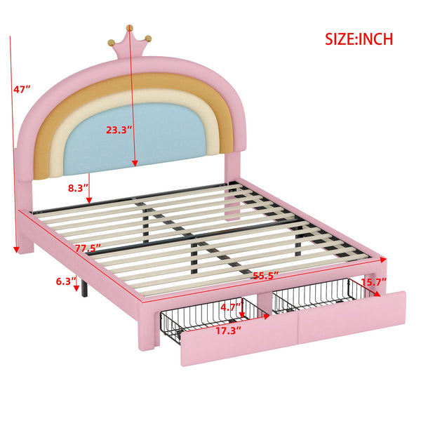 English Elm Full Velvet Rainbow Platform Bed with Storage Drawer, Pink Upholstered Princess Frame, No Box Spring Needed N733P234609H