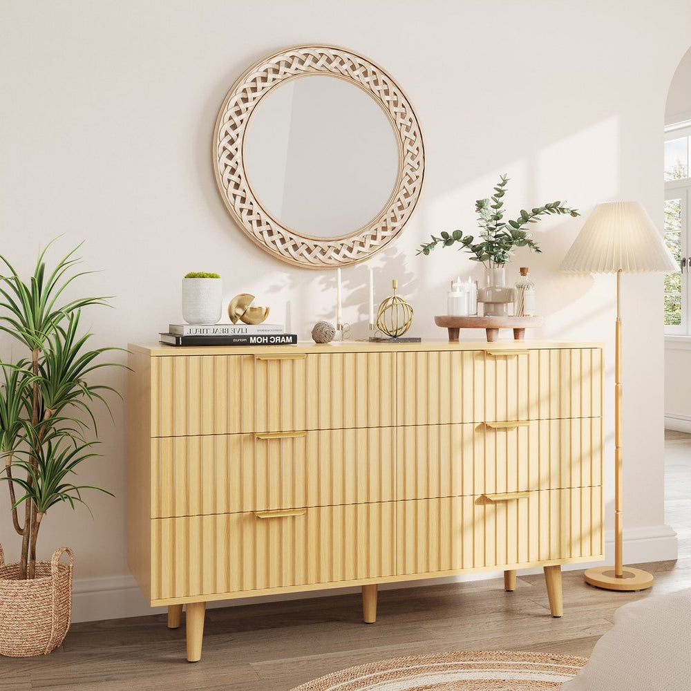 English Elm 6 Drawer Fluted Wood Dresser Natural Finish Compact Chest for Nursery or Bedroom T3773P415651
