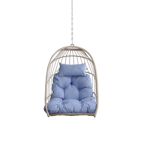 English Elm Outdoor rattan egg swing chair with fold-away HDPE wicker, stainless kit, cushioned cocoon for patio Blue W2500P231666