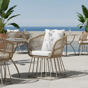 English Elm Outdoor Wicker Dining Chair with Fan Back Teak Finish Steel Frame and Cushion Included N770P385227B