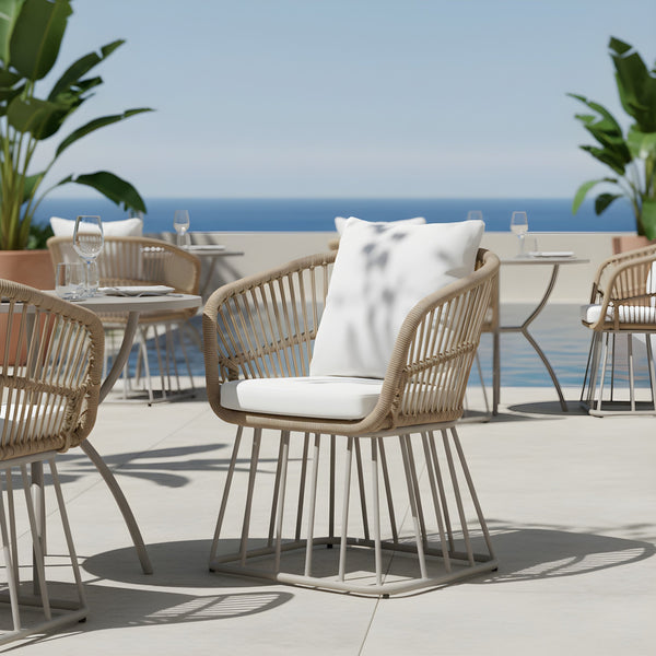 English Elm Outdoor Wicker Dining Chair with Fan Back Teak Finish Steel Frame and Cushion Included N770P385227B