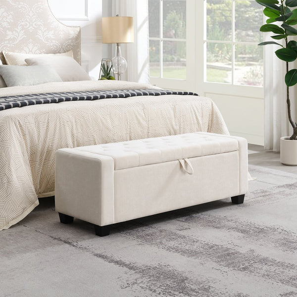English Elm 48" Tufted Chenille Storage Bench Diamond Stitched Lift Top Seat for Bedroom Entryway Beige W2671P386665