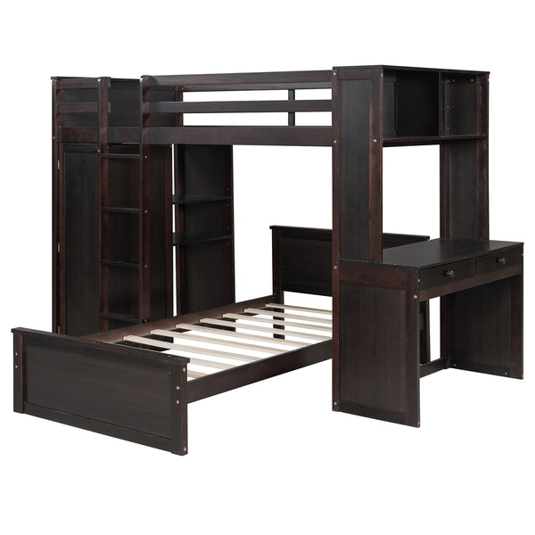 English Elm Twin Loft Bed System with Wardrobe Desk and Shelving for Kids Shared Bedroom Espresso LT000820AAP-1