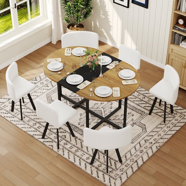 English Elm 7-piece Oval Dining Set with Pu Leather Chairs Modern Kitchen Table for Six Black,White,Wood W3875S00089