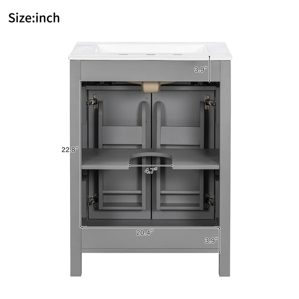 English Elm 24"Bathroom Luxurious Space-Saving Vanity with Ceramic Sink, Solid Wood Frame, Soft-Close Doors and Storage Grey N729P183716E
