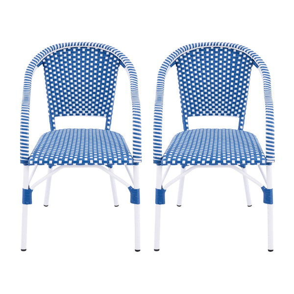 English Elm Outdoor Woven Rattan Bistro Armchairs Set of 2 Aluminum Frame Patio Cafe Seating Blue,White N768P386559W