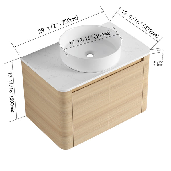 English Elm 30'' Wall-Mounted Bathroom Vanity With Ceramic Art Sink, Soft-Close Doors & Modern Plywood Design W999S00462