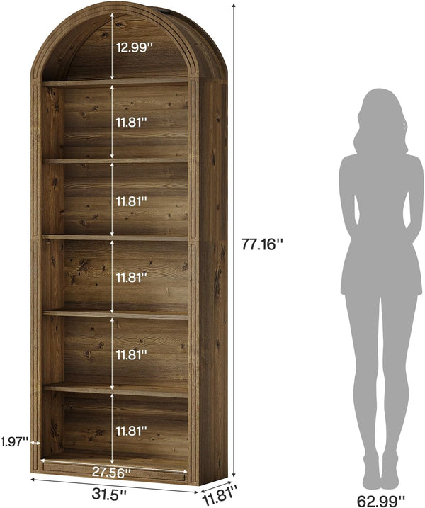 English Elm Storage Bookshelf with Vine Panel Design Seven Open Tiers for Living Room or Office T3971P461551