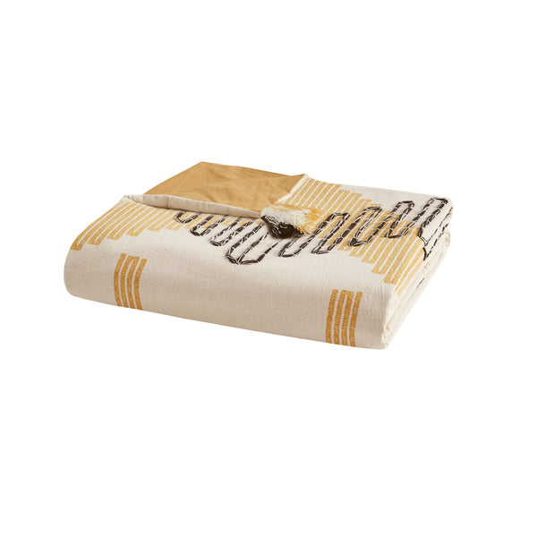 English Elm Full/Queen Arizona 3-Piece Cotton Duvet Cover Set with Yellow-Grey Geometric Print, Tassels & Ties B035129127