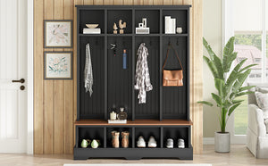 English Elm Farmhouse Hall Tree with Triple Arch Back Panel Eight Hooks Drawers and Entryway Bench Black N721S000075B