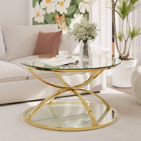 English Elm 31.50'' Round Chrome Ring Glass Coffee Table Two Tier Smoked Tempered Top Modern Living Room W757P412805